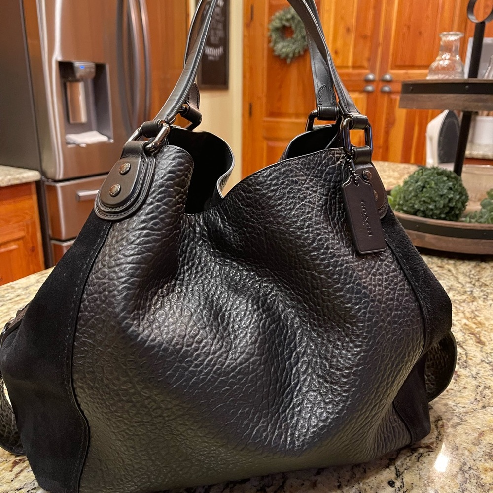 Coach Edie Shoulder Bag Black Pebble Leather and Suede
